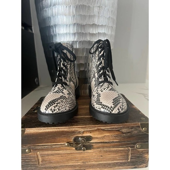 Linea Paolo Trinity Cream Snake Print Leather Combat Boots - Picture 4 of 8